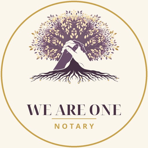 We Are One Notary logo — a tree with clasped hands and roots